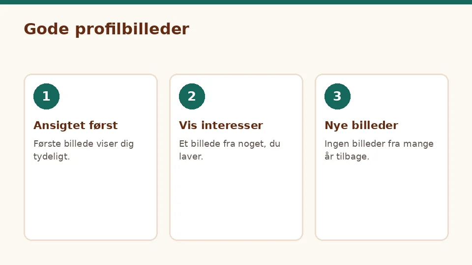 Tre kort om profilbilleder: ansigtet først, vis interesser og nye billeder på en gratis datingside