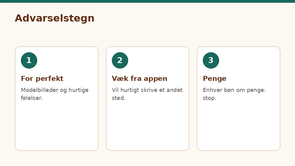 Tre kort om sikker gratis dating med advarselstegn: for perfekt profil, væk fra appen og bøn om penge